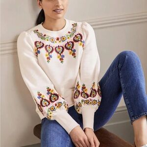 Boden Cream Crew Neck Sweater with Folk-Art Embroidery